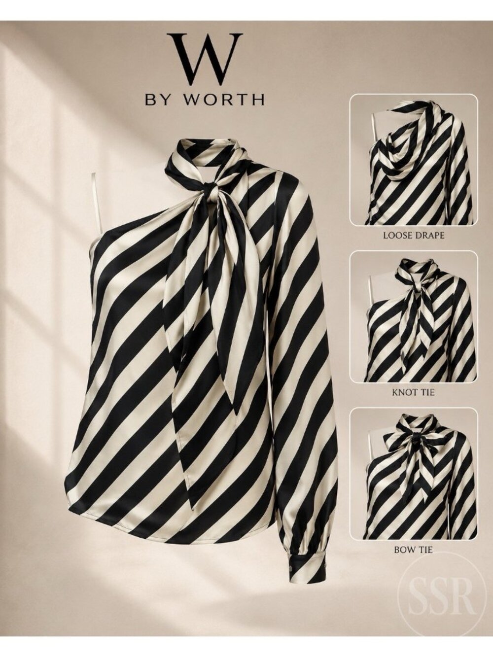 W by Worth 100% Silk Black Ivory Stripe Tie Neck One Shoulder Blouse Top Size 4